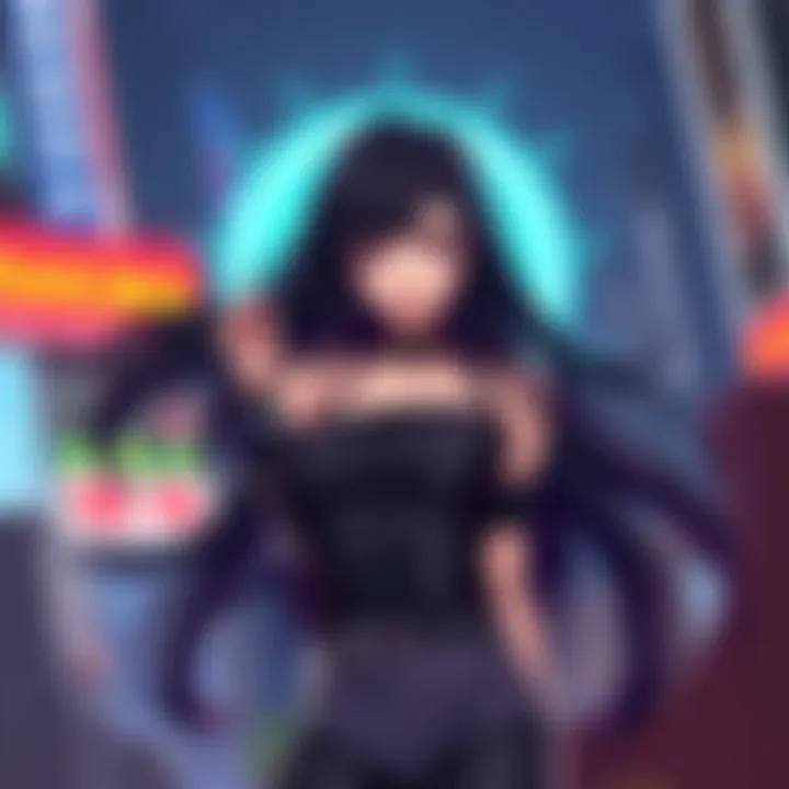 A powerful female character with long black hair and striking eyes, dressed in a stylish outfit, exuding confidence and allure, surrounded by a captivating aura.