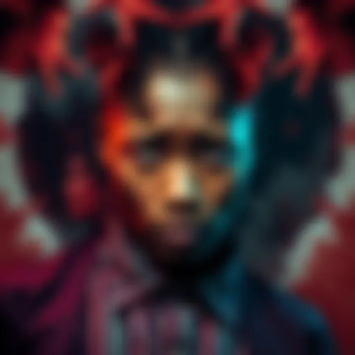 A character named Makima displaying a mix of emotions, including sadness and intrigue, surrounded by abstract representations of relationships and hate.