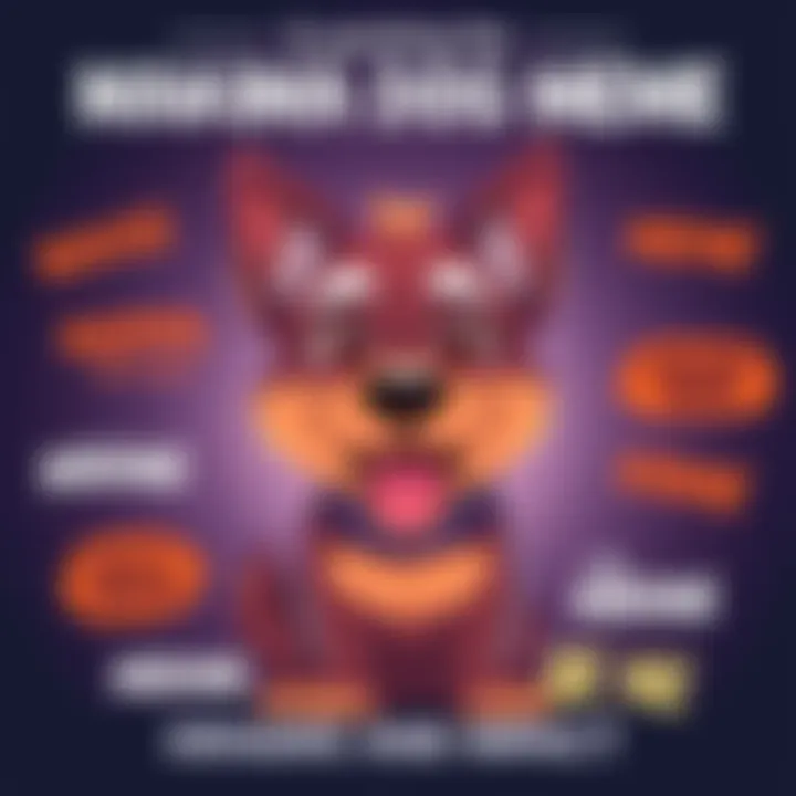 A cartoon dog inspired by the Makima character, with a playful expression and vibrant colors, surrounded by popular meme phrases.