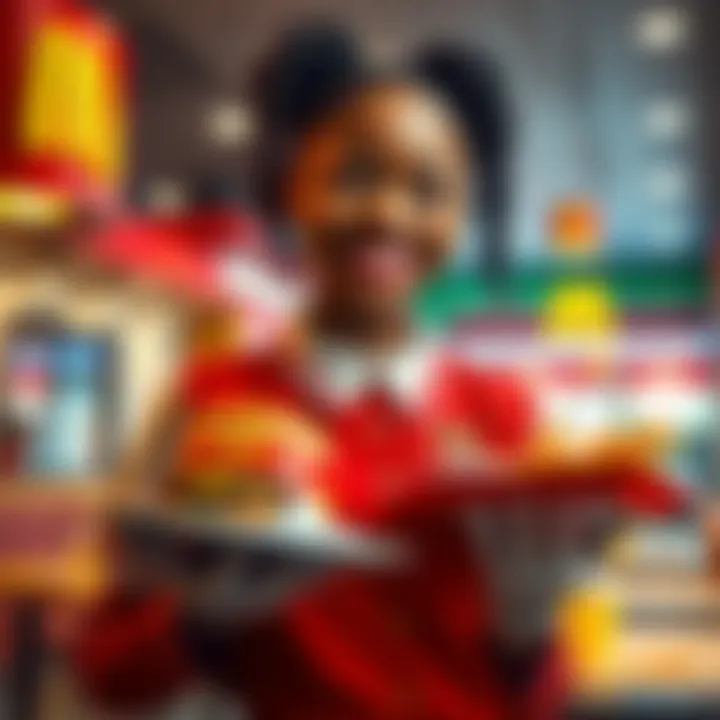Makima wearing a McDonald's uniform, smiling while holding a tray of burgers and fries, surrounded by the restaurant's colorful decor