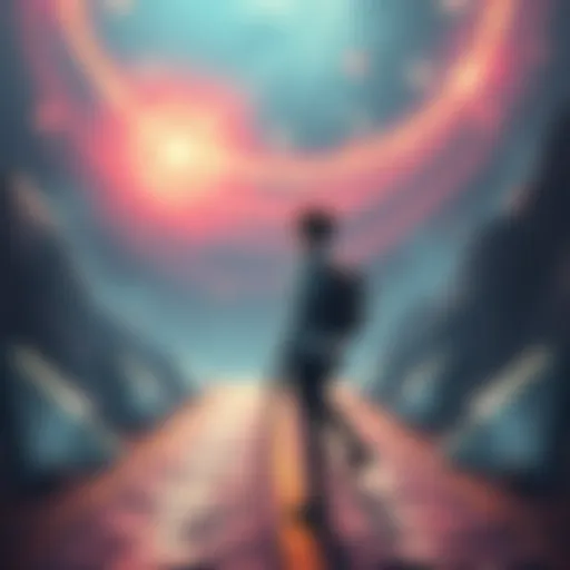 A character resembling Makima stands at a crossroads in a time travel setting, pondering choices, with a backdrop of swirling time portals.