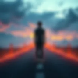 A male character stands at a crossroads representing three timelines, contemplating his past and future.