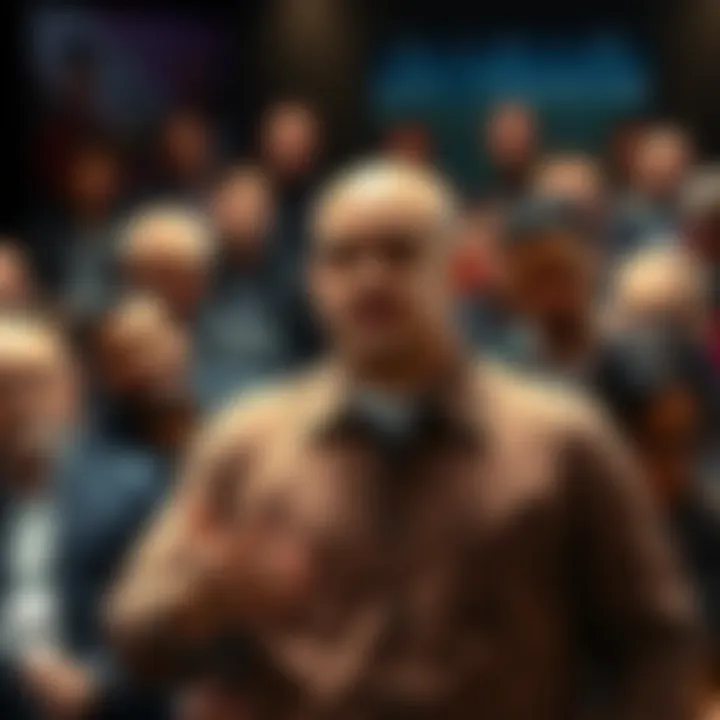 A confident man standing in front of a crowd, discussing accusations about his hair, with a determined expression.