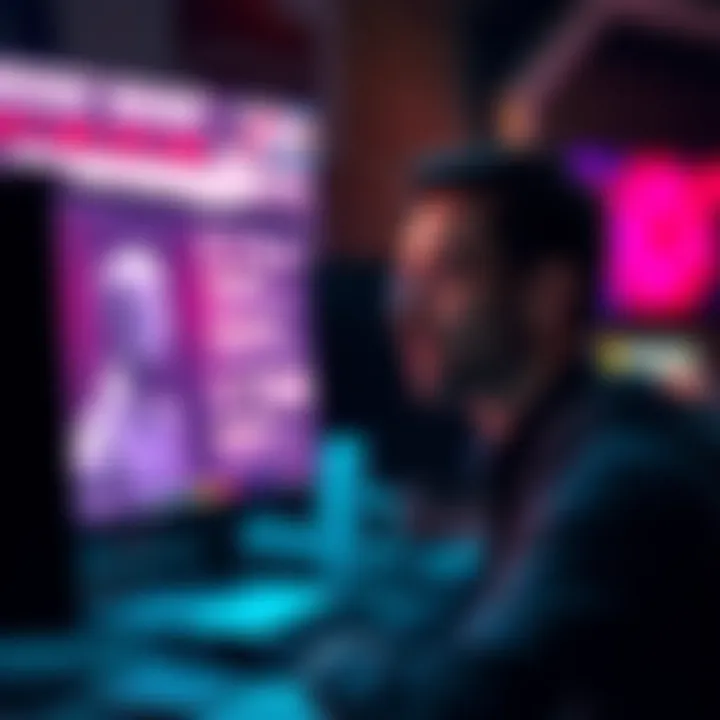 A thoughtful man looking at a computer with a futuristic AI girlfriend displayed on the screen, pondering his wealth's potential use.