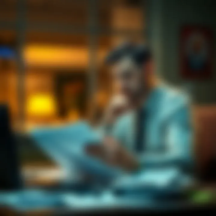 A man sitting at a desk looking at papers, deep in thought about his plans and intentions.