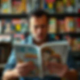 A grown man looking frustrated while reading a One Piece manga, surrounded by other manga books.