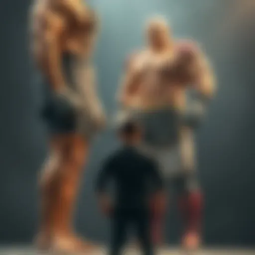 A smaller man standing confidently in front of a taller, muscular opponent, showcasing a height and weight difference, ready for a friendly challenge