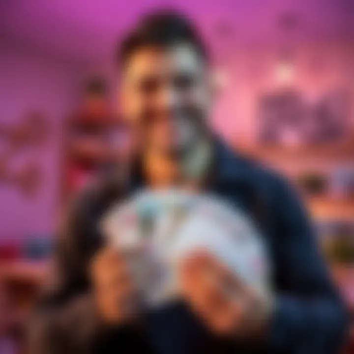 Man holding printed Greed Island cards A man smiling while holding a stack of colorful Greed Island cards, showcasing a thoughtful gift from his girlfriend.