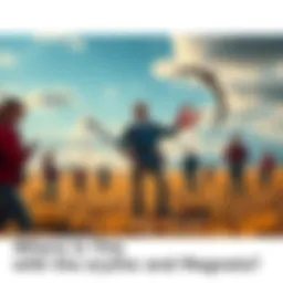 A man stands in a field holding a scythe in one hand and magnets in the other, looking curious. People are watching him with confusion.