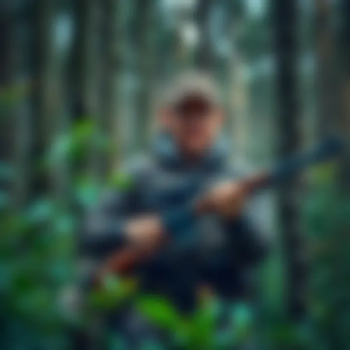 A man dressed in hunting gear holds a rifle in the woods, surrounded by trees and greenery, showcasing his extreme health regimen.