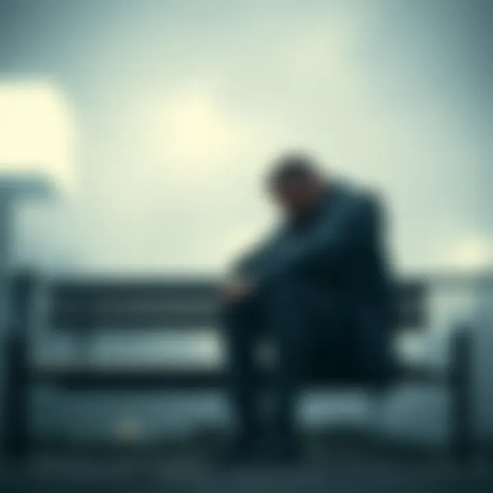 A man sitting alone on a bench with a sad expression, looking down and lost in thought, surrounded by a gloomy atmosphere.