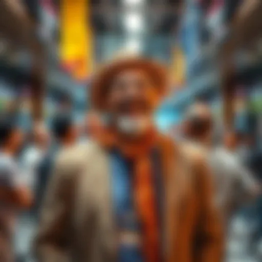 A man dressed humorously, pretending to be Ramon, making people laugh around him.