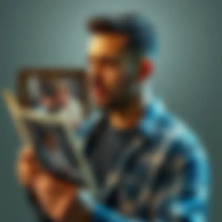 A man in casual clothing looking thoughtfully at an old photograph, symbolizing personal growth from childhood to adulthood.