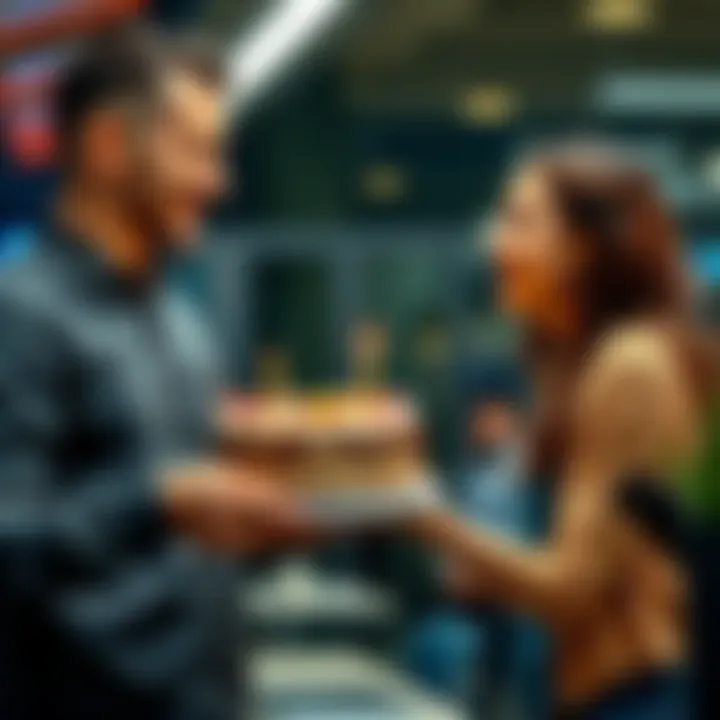 Man surprising his work wife with a treat A man presents a delicious cake to his female coworker at their office, sharing smiles in a warm moment.