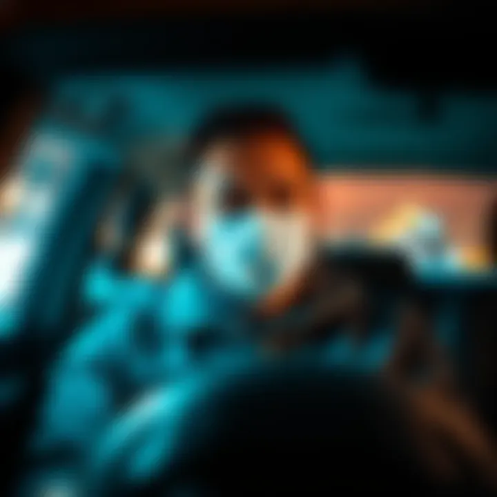 A man sits alone in his car wearing a mask, showing a moment of solitude in a post-pandemic world.