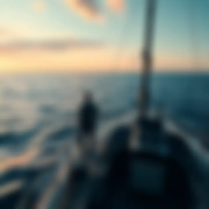 A lone man stands on a ship surrounded by vast ocean, looking contemplative as he faces survival alone for years without food or water.