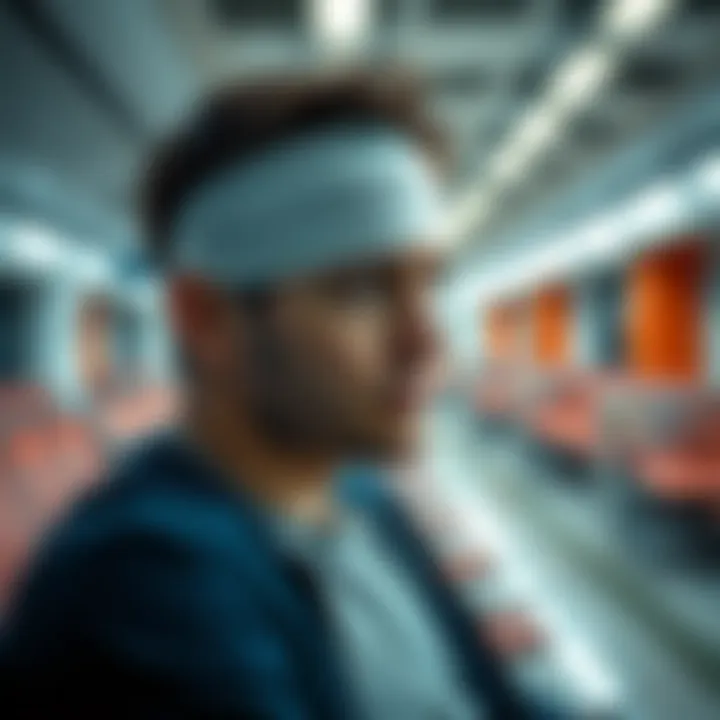 A man with a bandage on his head looks concerned, sitting in a waiting area, reflecting safety issues.