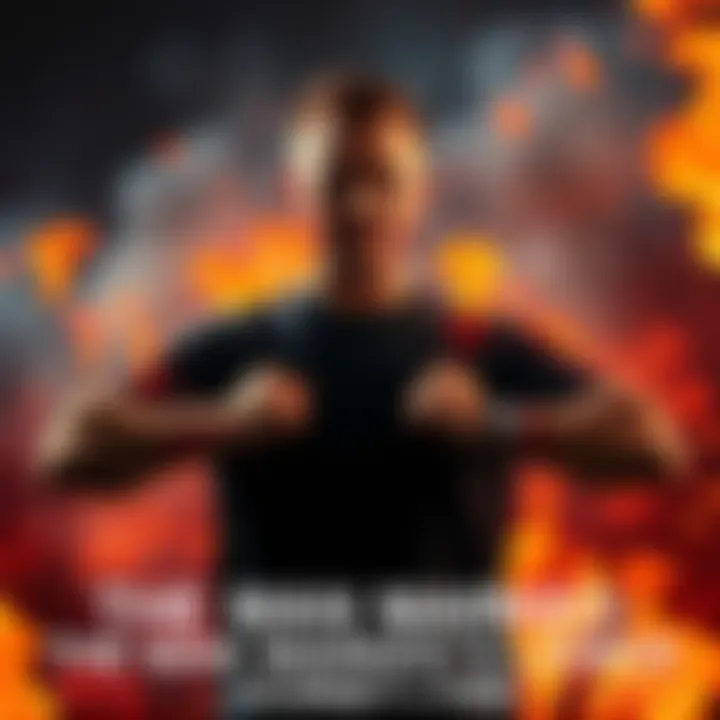 A man with visible burn scars on his arms and face, standing confidently in a fiery backdrop, symbolizing resilience and strength.