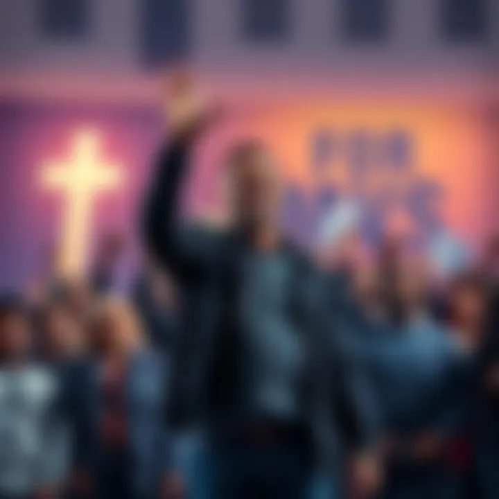 A man stands confidently, raising his hand in a gesture of unity and positivity, surrounded by a diverse group of people joining him in solidarity.