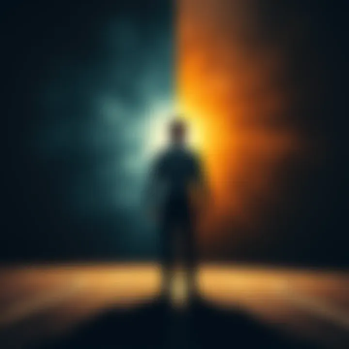 A man stands at a crossroads, one side illuminated with light and the other shrouded in darkness, symbolizing the struggle between good and evil in his choices.