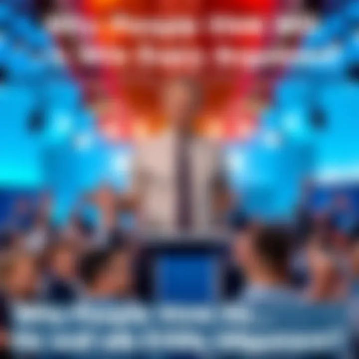 A man stands confidently at a podium, engaging in a lively debate with a crowd, illustrating his strong arguments.