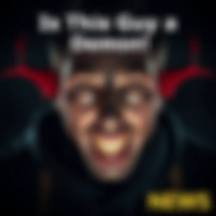 A man with a strange expression and glowing eyes, surrounded by a dark background, evoking a sense of mystery and fear.