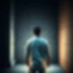 A man stands with his back to the viewer, looking defeated in front of a tall wall, symbolizing loss and struggle.
