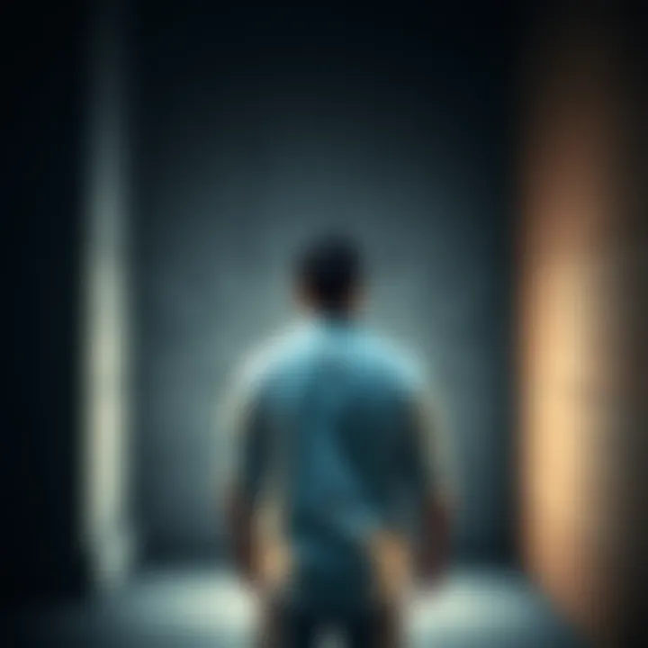 A man stands with his back to the viewer, looking defeated in front of a tall wall, symbolizing loss and struggle.