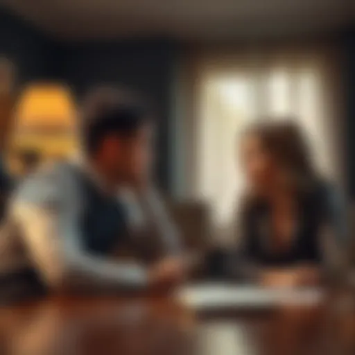 A man and woman sit at a table, facing each other with serious expressions. The man appears deep in thought as he considers forgiveness, while the woman looks remorseful. The scene captures the emotional tension between them.