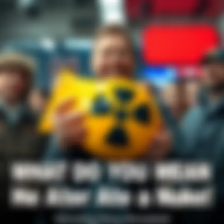 A person smiling while holding a large model of a nuclear device, surrounded by shocked onlookers, capturing the humorous moment of the bizarre claim.