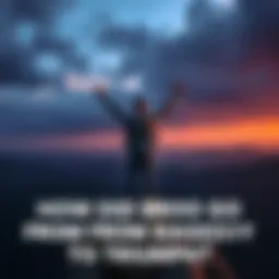 A man standing triumphantly on a mountain peak, arms raised in victory, symbolizing success after hardship.