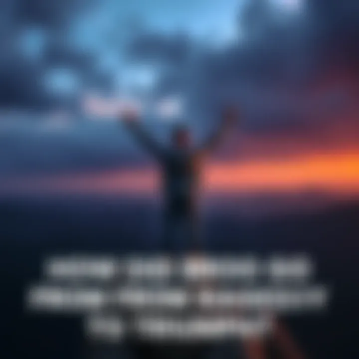 A man standing triumphantly on a mountain peak, arms raised in victory, symbolizing success after hardship.