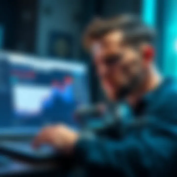 A man looking worried while examining a game update on his laptop, showing a graph of nerf predictions, with a community forum open in the background.