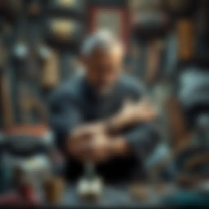 A man uses a traditional binding technique to fix his arm, surrounded by tools and materials for support.