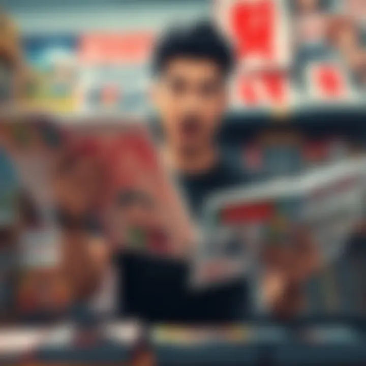 A man looks surprised while holding a doujinshi, surrounded by manga books, showing his disbelief over their authenticity.