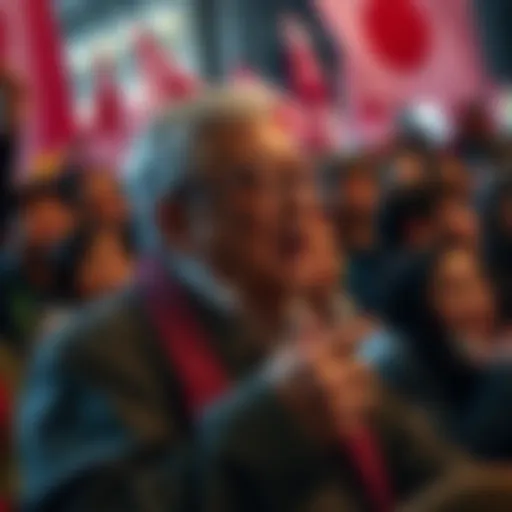 A 50-year-old man gives a passionate speech at a rally, calling for action against a figure named Oda, with an engaged crowd in the background.
