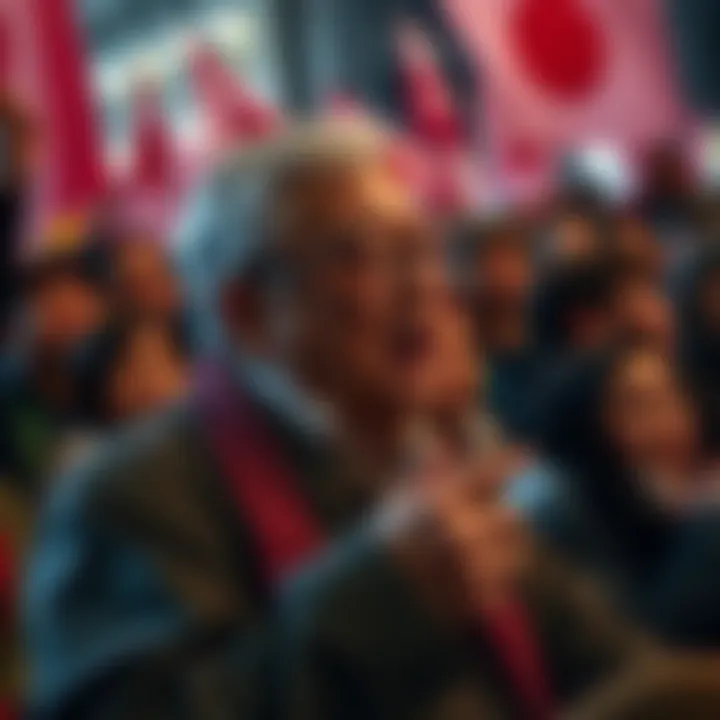 A 50-year-old man gives a passionate speech at a rally, calling for action against a figure named Oda, with an engaged crowd in the background.