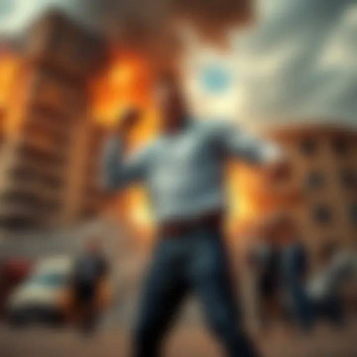 Man thumping his chest near a collapsing building A man standing confidently with his fist on his chest as a building crumbles behind him, attracting attention from onlookers.