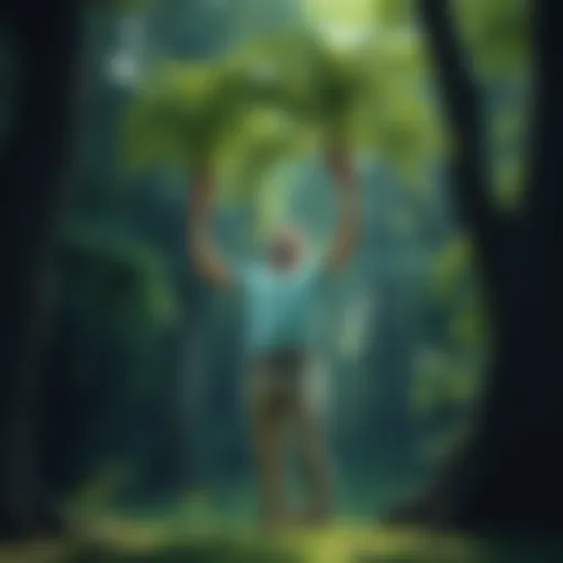 A man stands with arms raised, slowly turning into a tree with branches and leaves emerging from his body, surrounded by a lush green forest.