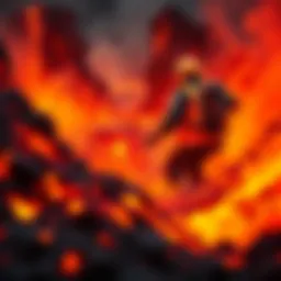 A man appears to be trapped in a flow of lava, surrounded by bright orange molten rock and smoke, as emergency responders look on from a distance.