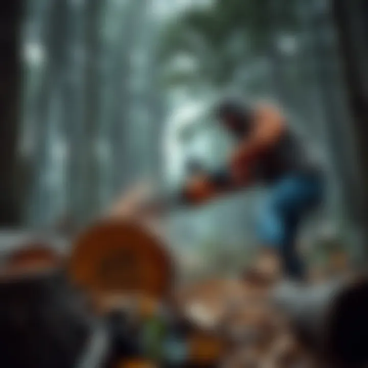 Man using a breaking chainsaw A man is cutting through a thick tree trunk with a breaking chainsaw in a forested area, showing the power and precision of the tool.