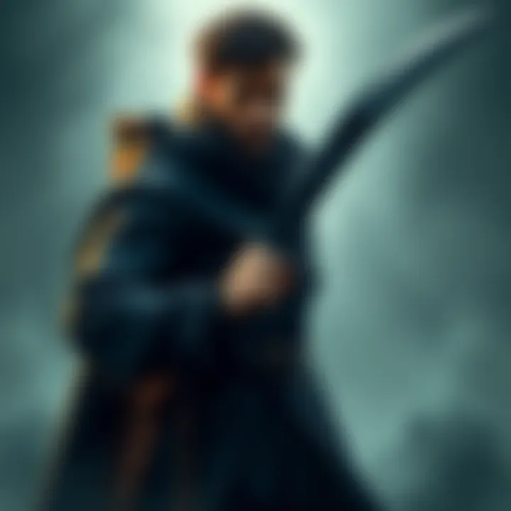 A man stands confidently holding a black sword, showcasing his artistic representation with creative details.