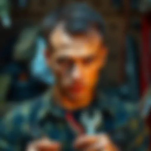 A man with an intense expression, holding tools, ready to tackle a repair challenge.