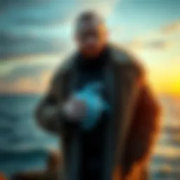 A man standing by the ocean, holding a seal fur coat, symbolizing the Selkie myth.