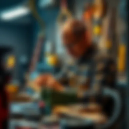 A man focused on completing tasks by himself, surrounded by tools and materials, showcasing determination and effort.