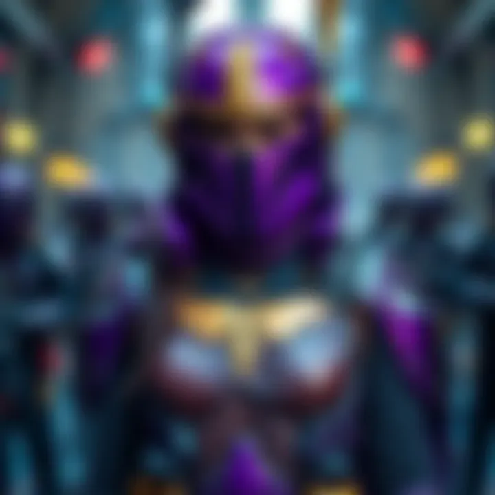 A person in a blended Alita and Mandalorian costume featuring purple and gold armor, showcasing creative design elements from both characters.