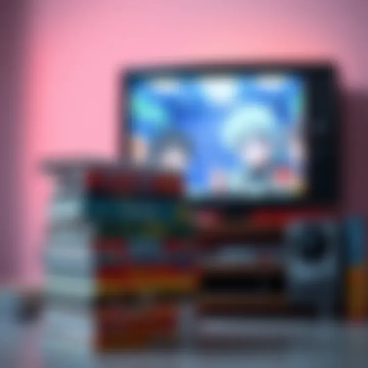 A stack of manga volumes next to a TV showing an anime scene, illustrating the transition from anime to manga.