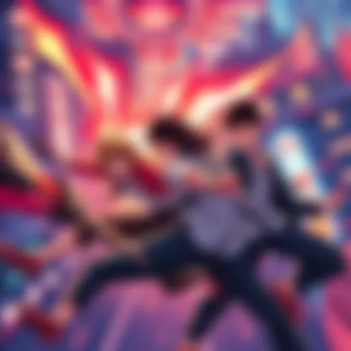 Dynamic scene featuring main characters from the manga series fighting together against a backdrop of a vibrant cityscape