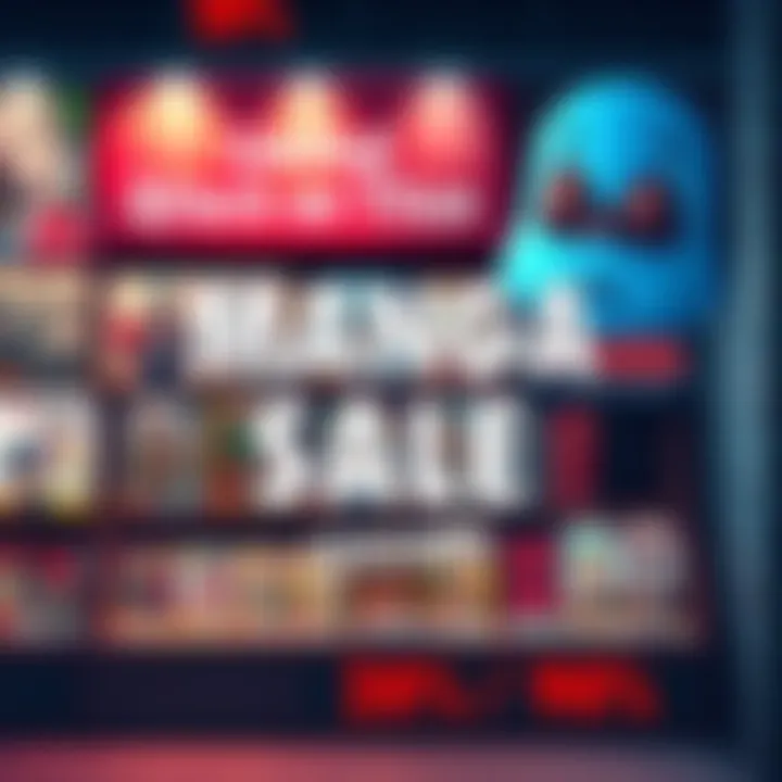 A colorful display of popular manga titles on sale, including Attack on Titan and My Hero Academia, with discount prices highlighted.