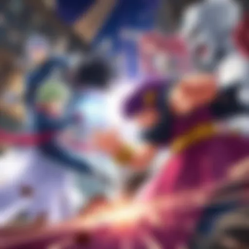 A dynamic scene showing manga characters clashing with video game heroes in an epic battle, highlighting their unique abilities and strengths.